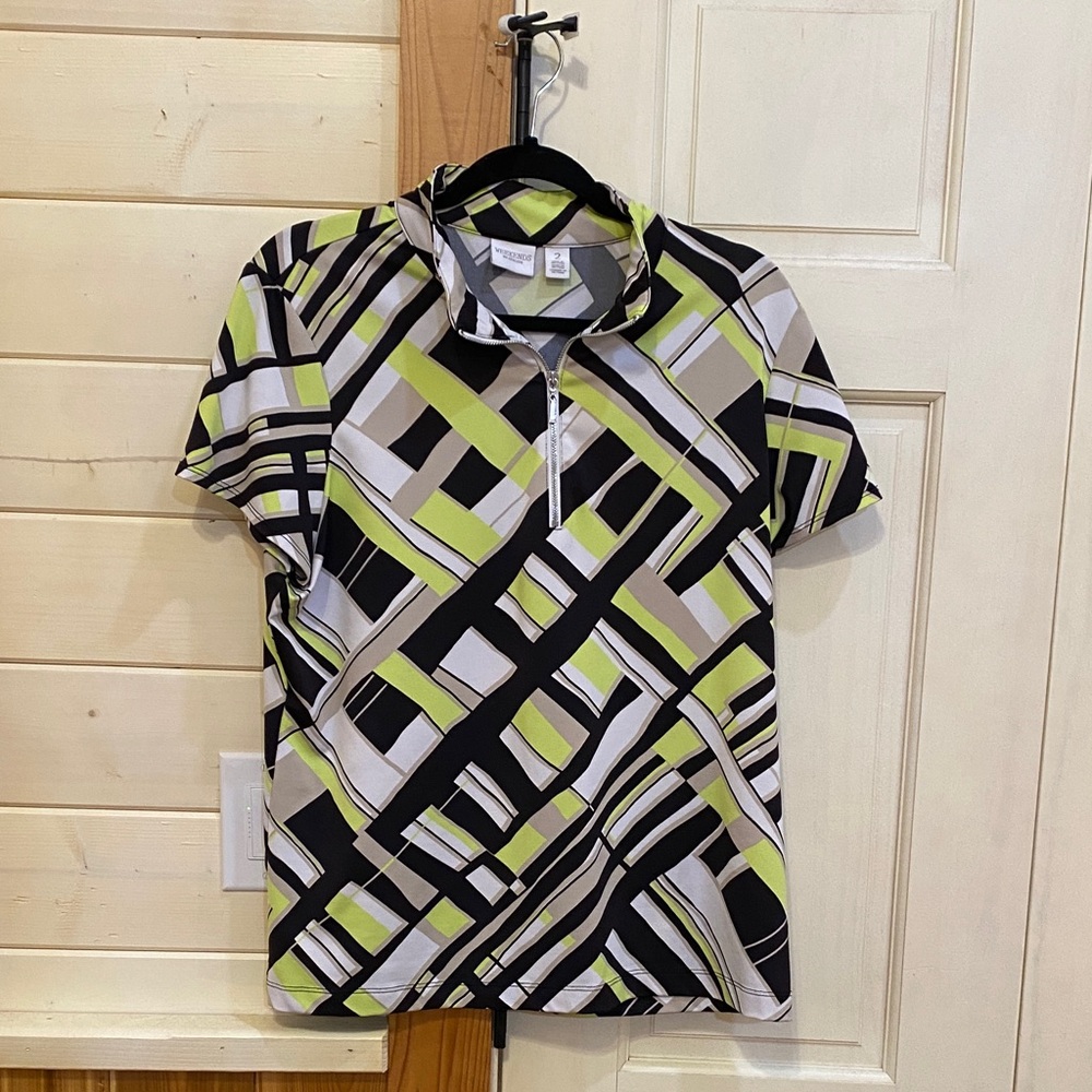 Chico's Short-Sleeve Polo - Lime, Black & Gray Geometric Print